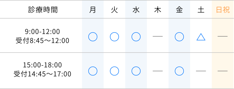 診療時間:午前9:00-12:00 受付8:45~12:00/午後15:00-18:00 受付14:45~17:00
木曜・日祝日:休診