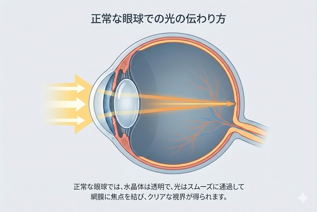 正常な眼球での光の伝わり方イメージ図